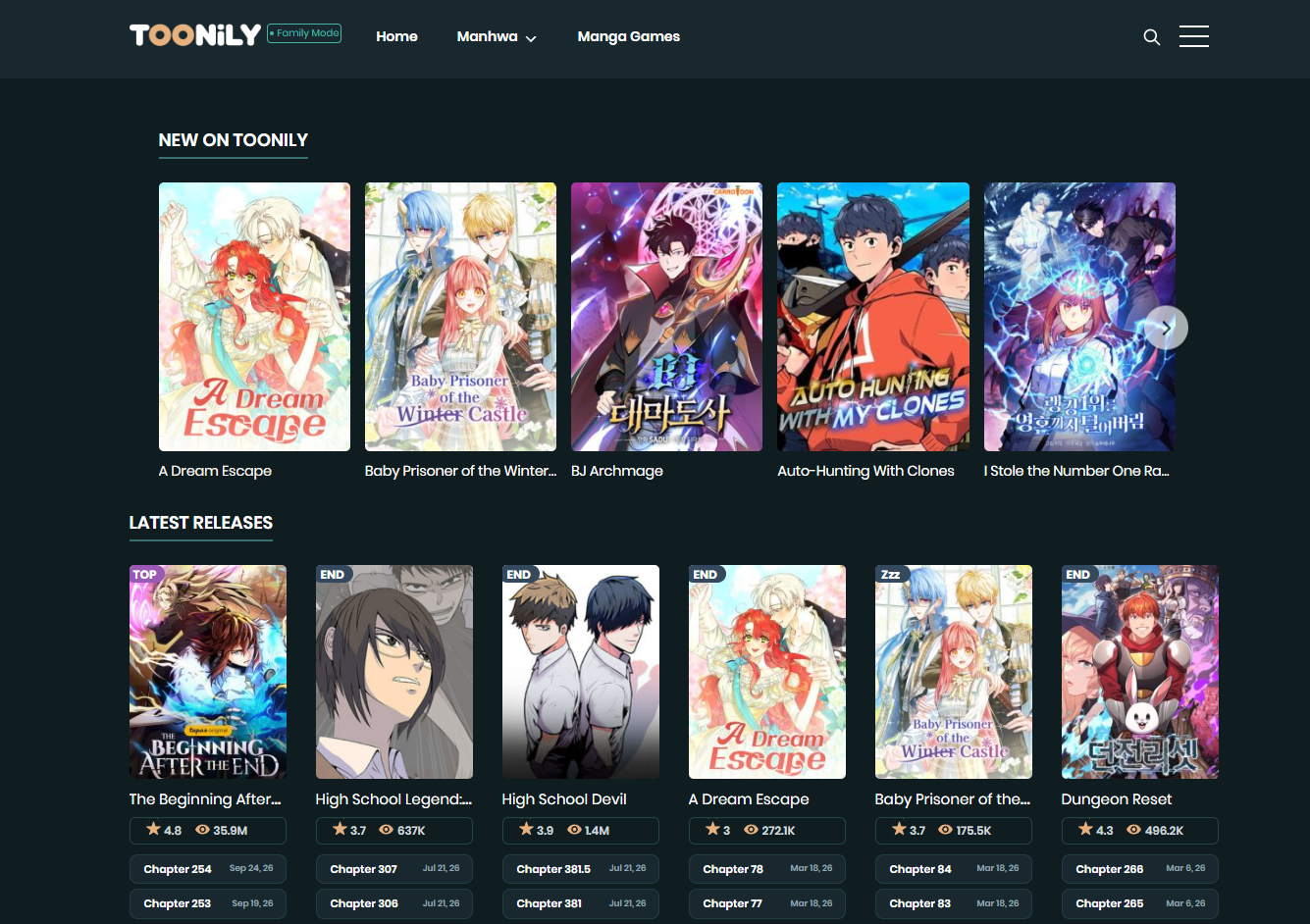 Toonily homepage showing new series and latest manga releases