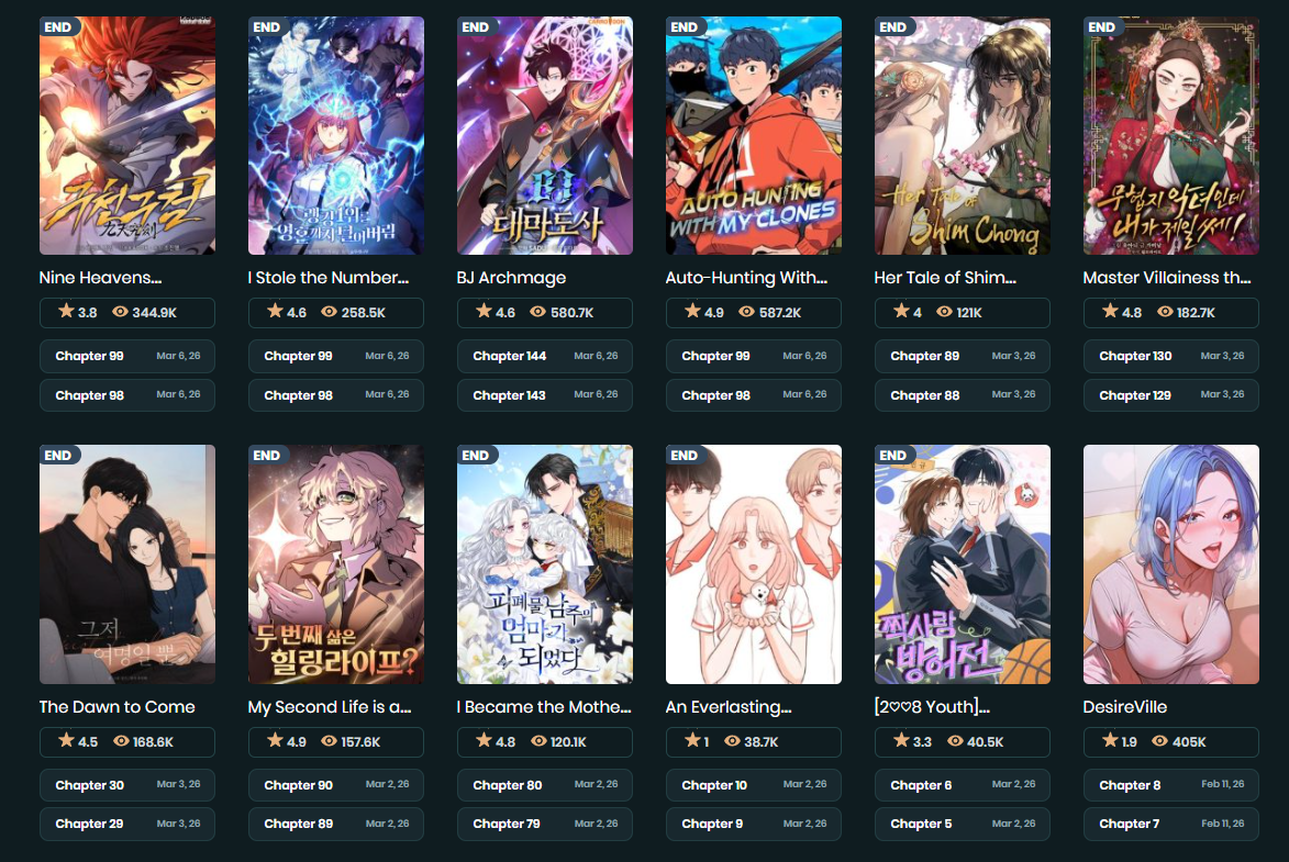 Toonily library grid with manhwa covers, ratings and chapters
